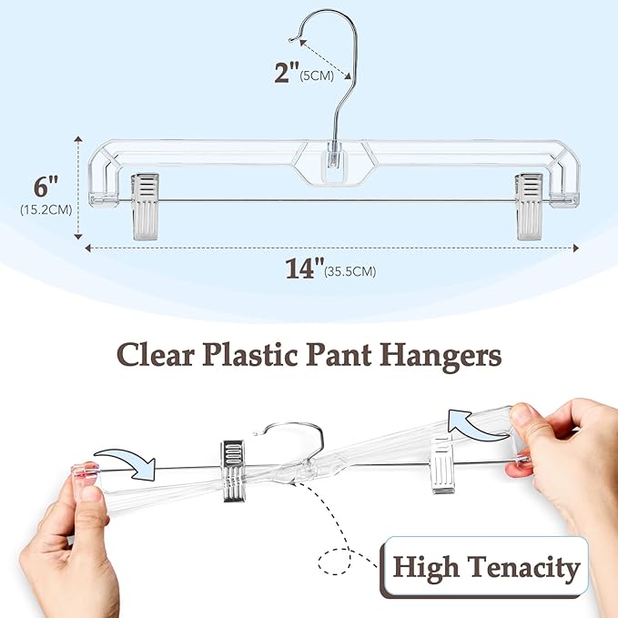 HOUSE DAY Bulk Clear Pants Hangers with Clips 500 Pack, Non-Slip Plastic Skirt Hanger with 2 Adjustable Clips, Slim Clip Hangers for Pants, Skirts, Shorts, 14" Clear Hanger, 360-Rotating Swivel Hook
