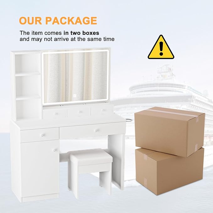 Vanity Desk with Mirror, Includes Dream Box, LED Lights, Power Outlet, 5 Drawers & 3 Shelves, Elegant Cream Design for Bedroom, Storage Stool