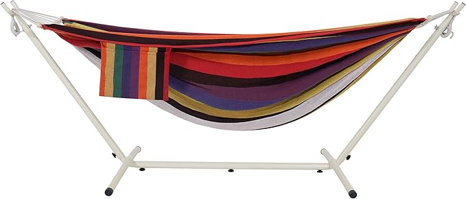 LazyDaze Hammocks Double Hammock with Stand - 2 Person Heavy Duty Outdoor Hammock for Adults, Includes Durable Steel Stand, Portable Carrying Bag and Pillow, Red Purple