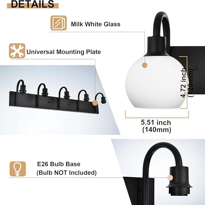 20.4 Inch Bathroom Vanity Light, 3-Light Black Vanity Lighting Fixture Over Mirror, Modern Wall Mounted Lamp with Milk White Globe Glass Shade