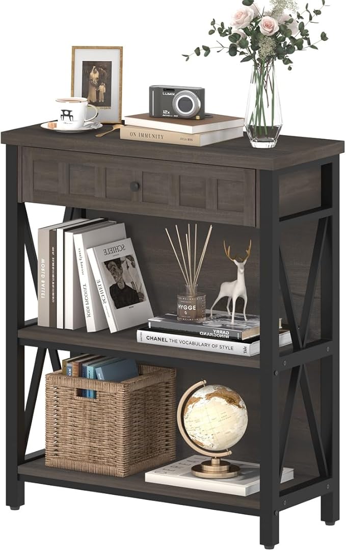 FATORRI Rustic Small Bookshelf, Industrial Wood Book Shelf with Drawer, 3 Shelf Bookcase for Small Space, Low Book case for Living Room, Home Office (Walnut Brown)