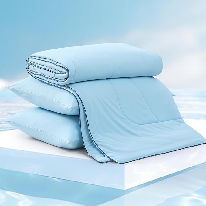 Monbix ChillChilla Cooling Comforter Queen Size-3 Pieces Cooling Blankets for Hot Sleepers and Night Sweats, Double-Sided Summer Queen Comforter Set, Breathable Lightweight Blanket Blue