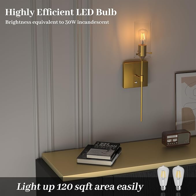 Dimmable Battery Operated Wall Sconce Set of Two, Rechargeable Wall Lamp No Hardwire, Wireless Wall Mounted Light for Bedroom Bathroom Kitchen Vanity Mirror, Bulb Included