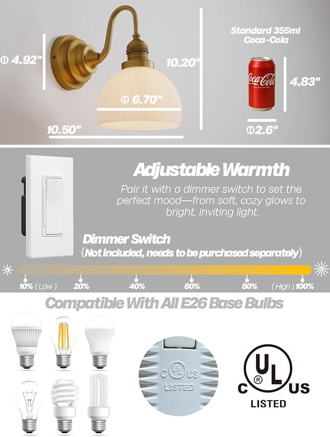 Gold Wall Sconces,Hardwire Bathroom Vanity Light with Striped Bowl Milk Glass Vintage Brass Wall Mounted lamp Lights for Bathroom Mirror Living Room Bedroom Kitchen E26 Indoor