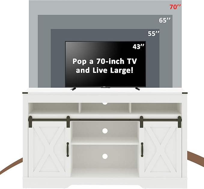 Farmhouse White Stand for TVs up to 65+ Inch Tall Entertainment Center with Sliding Barn Door, Console Storage Cabinet for Bedroom, Living Room