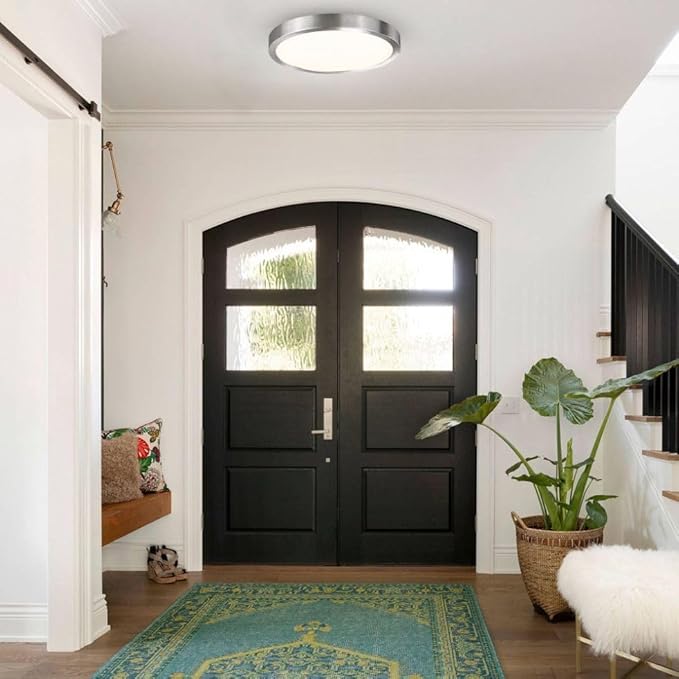 10 Inch LED Flush Mount Ceiling Light Fixture, Super Slim Flush Mount Light for Kitchen, Metal and Glass LED Ceiling Light for Low Ceiling, Hallway, Bathroom, Laundry, Brushed Nickel, 17W, 3000K