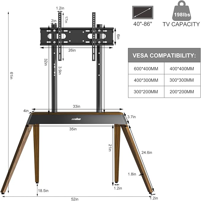 unho Art TV Floor Stand for 40 55 65 75 85 86 Inch TVs, Heavy Duty TV Stand Mount with Large Wood Entertainment Shelf, Modern tv Stands for Living Room Bedroom Up to 198 lbs