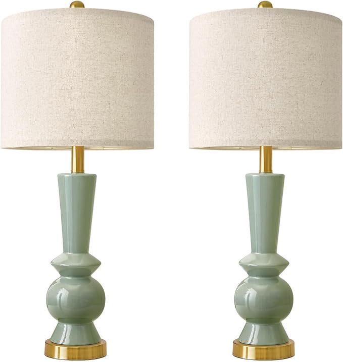 PORTRES 27" Modern Ceramic Table Lamp Set of 2 for Living Room Green & Gold Bedside Lamps for Bedroom Nightstand Lamp Tall End Table Lamps