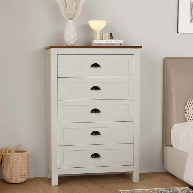 Farmhouse 5 Drawer Dresser for Bedroom, 47" Tall Dresser with Rustic Wood Top, Modern Chest of Drawers Organizer for Bedroom, Closet, Living Room, Entryway, Hallway