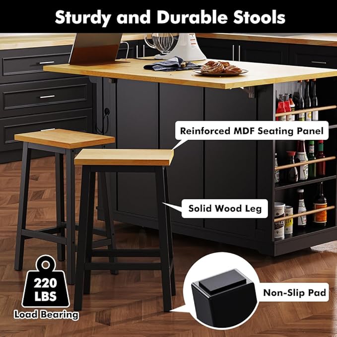 Rolling Kitchen Island with 2 Bar Stools, Kitchen Cart on Wheels with Drop Leaf, Mobile Kitchen Storage Cart with Power Outlet, 53 Inch Width (with 2 Bar Stools: Black)