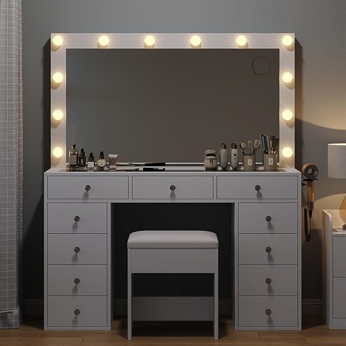 Vanity Desk with Mirror and Lights, Makeup Vanity Desk with Lights 3 Colors, Reinforced Glass Vanity, Makeup Vanity with 11 Storage Drawer, Dressing Table for Bedroom Dressing Room (White)