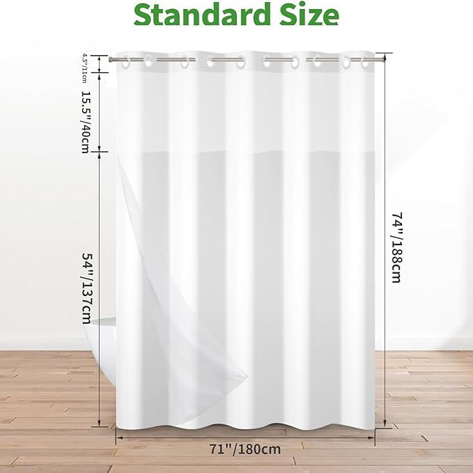 No Hook Shower Curtain with Snap in Liner, White Heavy Duty See Through Window Waterproof Machine Washable Bathroom Curtain 71" W x 74" L (Pack of 1)