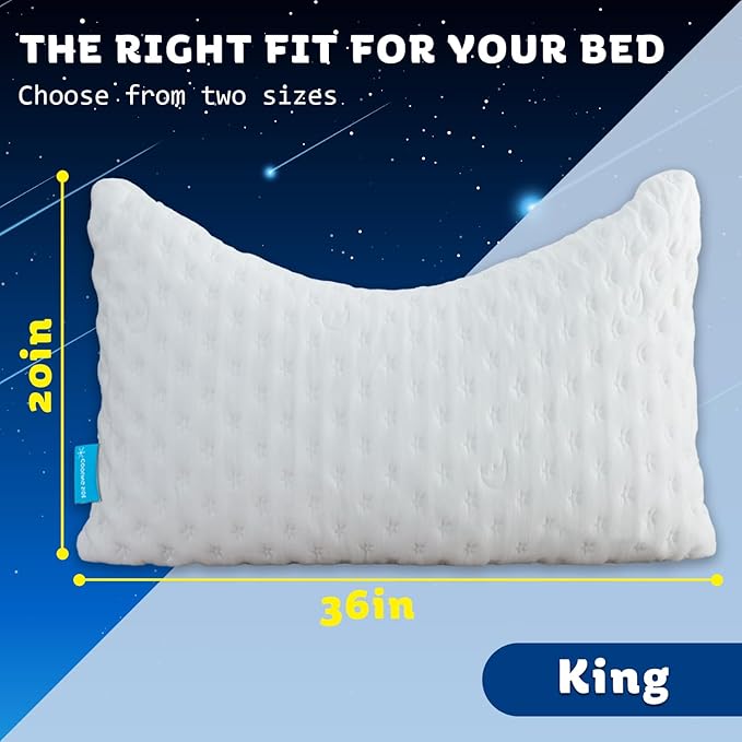 Cooling Side Sleeper Pillow for Neck and Shoulder Pain, Luxury Shredded Memory Foam Curved Bed Pillows for Sleeping Set of 2- Adjustable King Size- Washable Cover Crescent White