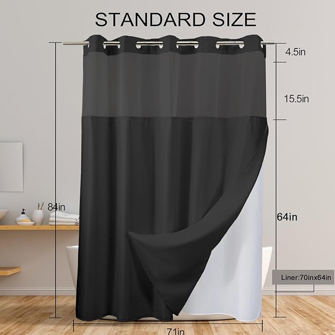 No Hook Shower Curtain with Snap in Fabric Liner Set, Chevron Shower Curtain for Bathroom (Black, 71" W x 84" W)