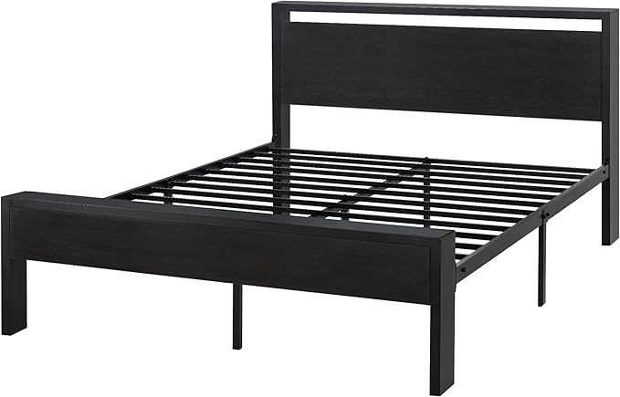 SHA CERLIN 14 Inch Queen Size Metal Platform Bed Frame with Wooden Headboard and Footboard, Mattress Foundation, No Box Spring Needed, Large Under Bed Storage, Non-Slip Without Noise, Black Oak
