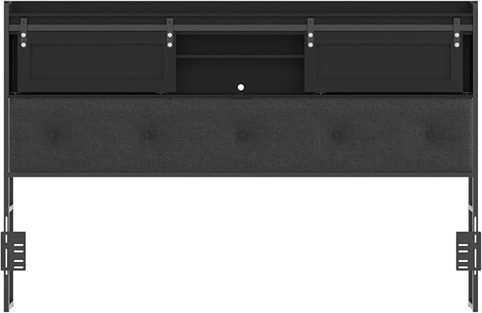 Decoholic Queen Size Headboard Only with Storage, Upholstered Headboard with Charging Station and LED Light, Sturdy and Stable, Easy to Assemble (Black+Barn Door, Queen)