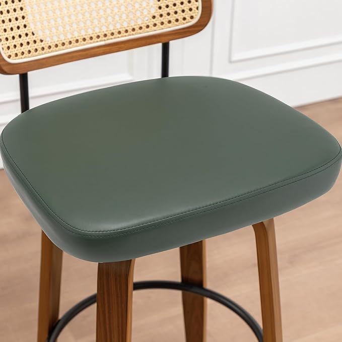 Bar Stools Set of 4 - 30 inch Rattan Swivel Bar Stools with Walnut Craftsmanship, Curved Rattan Back, Upholstered Seat, Mid Century Modern BarStools for Bar/ Pub/Island/Cafe (30" Seat Height, Green)