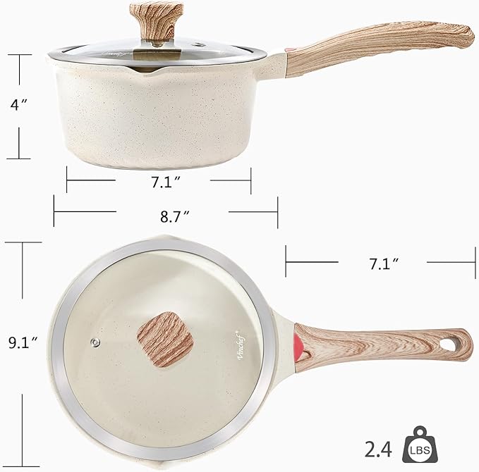 VINCHEF Nonstick Saucepan with Lid, 3QT Sauce Pan with Stay Cool Handle, Non Stick Small Cooking Pots Induction pot, Dishwasher Safe, Compatible for All Stove Top, PFAS and PFOA Free White