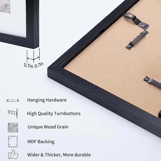 Axeman 16x16 Picture Frame with Mat for 12x12, Solid Oak Wood Square Picture Frame with Tempered Glass, Wooden Square Photo Frame 16''x16'' for Art Photo and Prints, Set of 2, Black