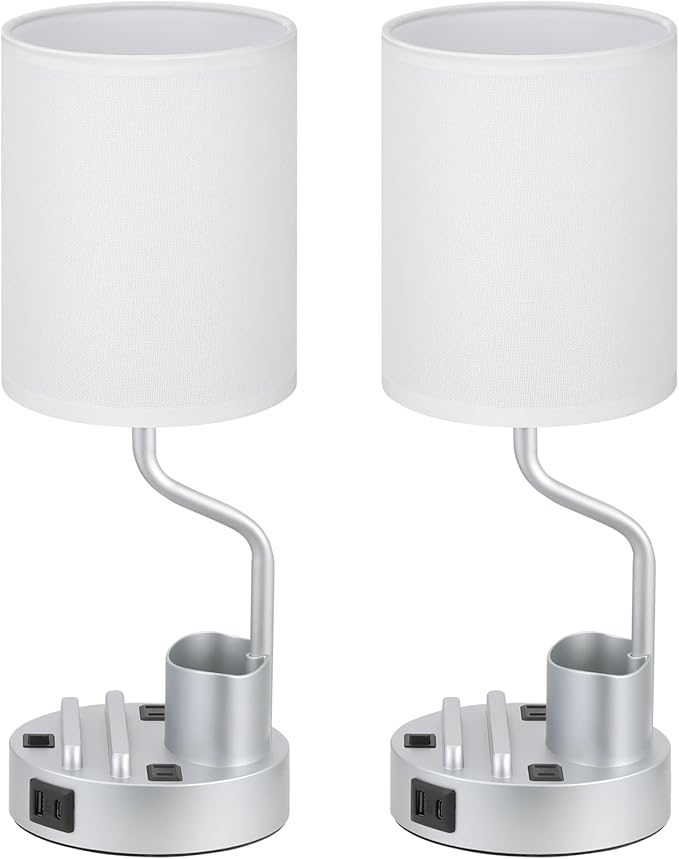 Grey Bedside Table Lamps for Bedroom Set of 2 - Nightstand Light with AC Outlet and USB A & C for Charging, 3 Color Temperatures Desk Lamp with Pen Holder & Phone Stand for Living Room/Dorm/Office