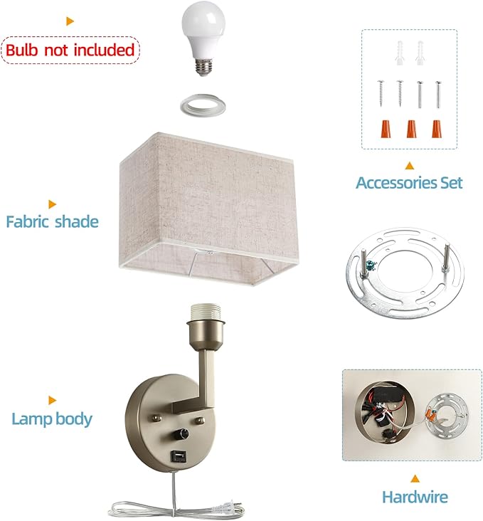 Plug in Wall Sconce with Dimmer Switch and USB Port,1-Light 9.5“Rectangular Linen Fabric Shade,Bedside Wall Lamp Satin Nickel Finish,Wall Lamps Perfect for Bedroom, Living Room and Hotel