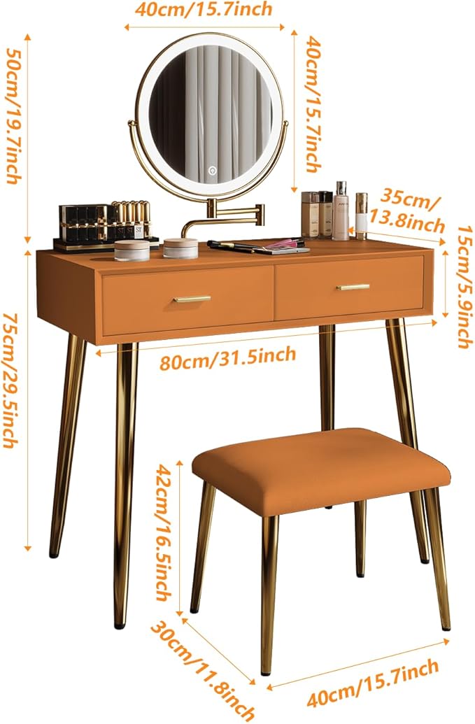 Vanity Desk with Adjustable Mirror and Lights, Makeup Desk with Drawers and Chair, Dressing Table Set with Leather Surface, Small Vanity Table for Bedroom, 3 Lighting Modes (Orange)