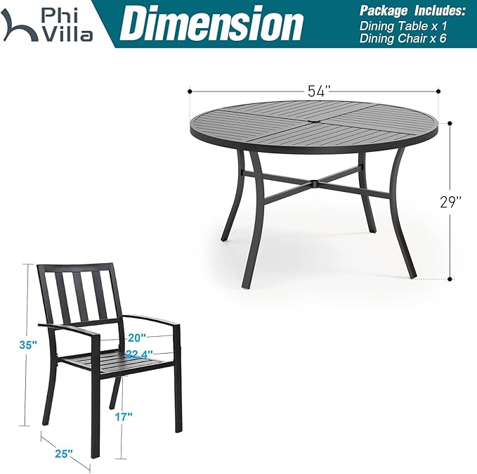 PHI VILLA 7 Pieces Outdoor Round Dining Set for 6, Wrought Iron Dining Table with Umbrella Hole & Stackable Metal Steel Chairs, Large Dining Furniture Set for Patio, Deck, Yard, Porch