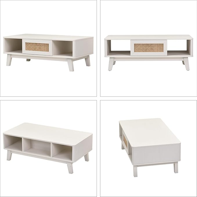 Soohow Coffee Table, Mid Century Living Room Tables with Storage, Modern Square with Rattan Drawer, Wooden Living Room Table with Solid Wood Leg