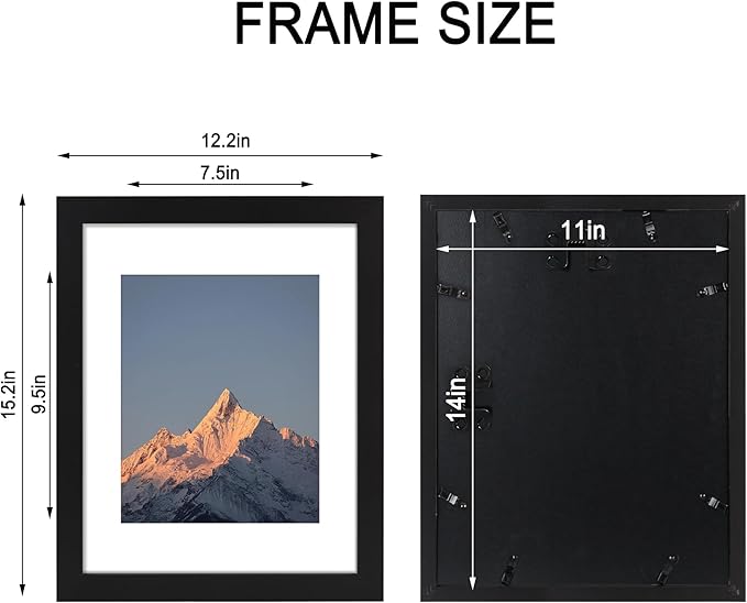 11x14 Picture Frame Set of 4, High Definition Real Glass, Display Pictures 8x10 with Mat or 11x14 Without Mat, Gallery Wall Hanging Photo Frames, Black