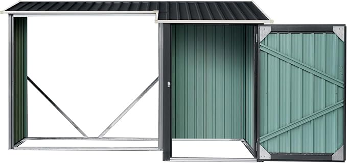 Hanover Outdoor 2 in 1 Multipurpose Sloped Roof Shed with 9 Square Feet Lockable Single Door Tool Storage and 42 Cubic Feet Raised Firewood Rack Made of Weather Resistant Galvanized Steel in Dark Gray