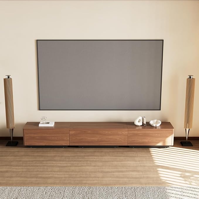 102" Ultra Short Throw Projector TV Cabinet, Mid-Century Modern Electric TV Stand with Linkage Memory Function and Ample Storage Space, Entertainment Center for Living Room, Walnut Color