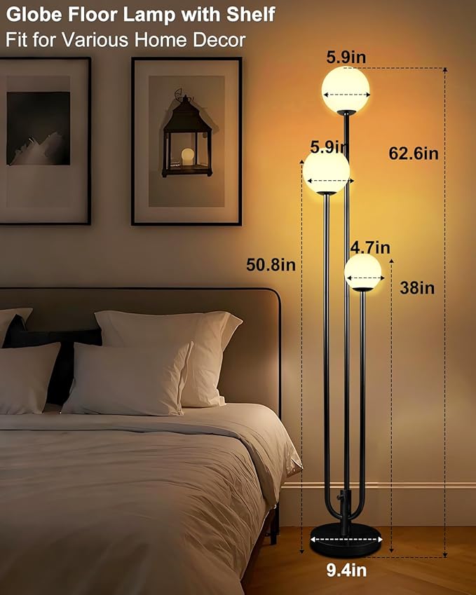 Lightdot 63IN Black Floor Lamp Dimmable with Candle Holder Style Mid Century Standing Lamps with 3 3000K Soft Warm White Bulbs Included, Modern Globe Floor Lamp for Living Room/Wedding