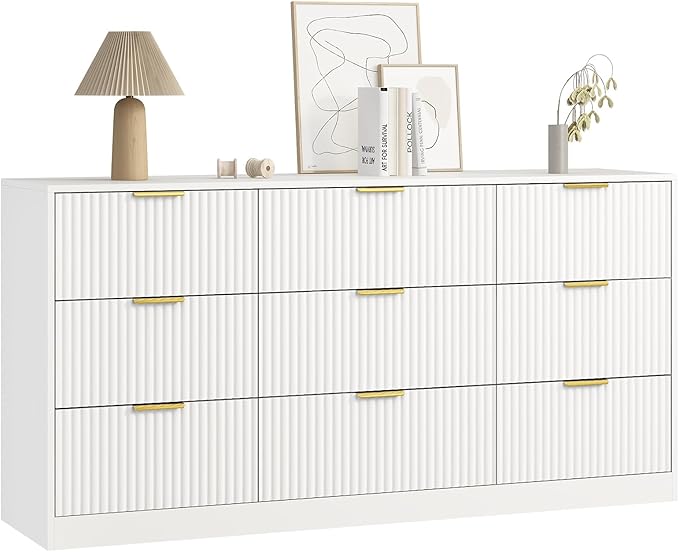 9 Drawer Dresser for Bedroom with Deep Drawers, 63" Wide Wood Dresser, Large Floor Chest of Drawers, Modern Long TV Stand, Storage Cabinet Side Table, White