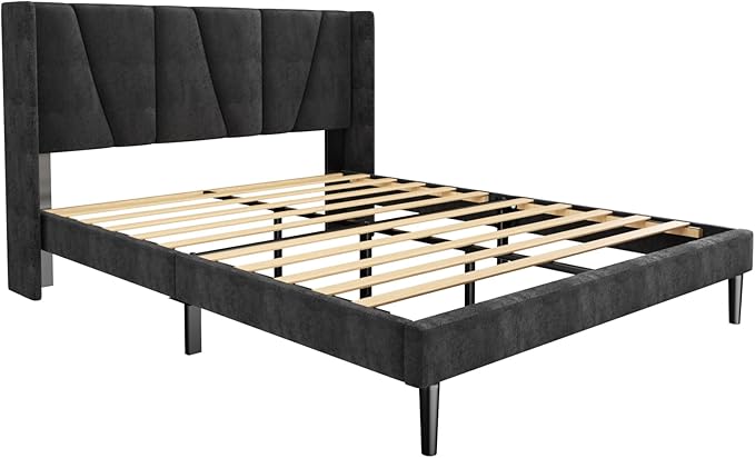 Full Bed Frame with Headboard and Wingback, Velvet Upholstered Platform Bed, Mattress Foundation with Wooden Slat Support, No Box Spring Needed, Easy Assembly, Noise Free, Black