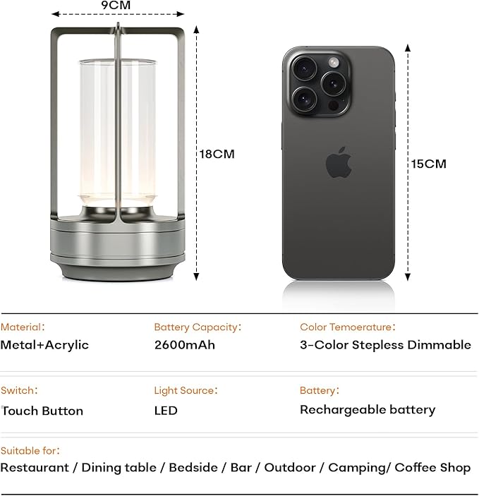 Portable Metal Table Lamp for Indoor/Outdoor ,Rechargeable Cordless LED Lamp, 3-Colour Infinitely Dimming Battery Powered Small Desk Lamp, Restaurant/Bedroom/Bar/Coffee/Camping Light (Sliver Set of 2)