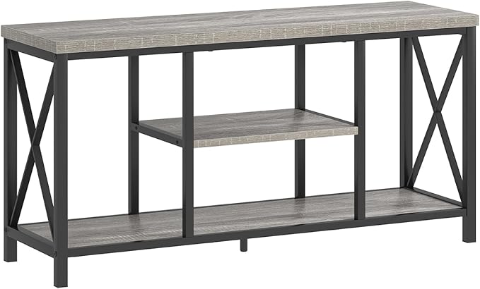 FOLUBAN Modern TV Stand for TVs up to 55 Inch, Rustic Wood Entertainment Center with Storage Shelves, Industrial Media TV Console and TV Table for Living Room Bedroom, 47 Inch Light Grey