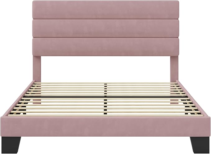 SHA CERLIN Full Platform Bed Frame with Velvet Upholstered Headboard, Mattress Foundation with Strong Wooden Slats Support, No Box Spring Needed, Pink