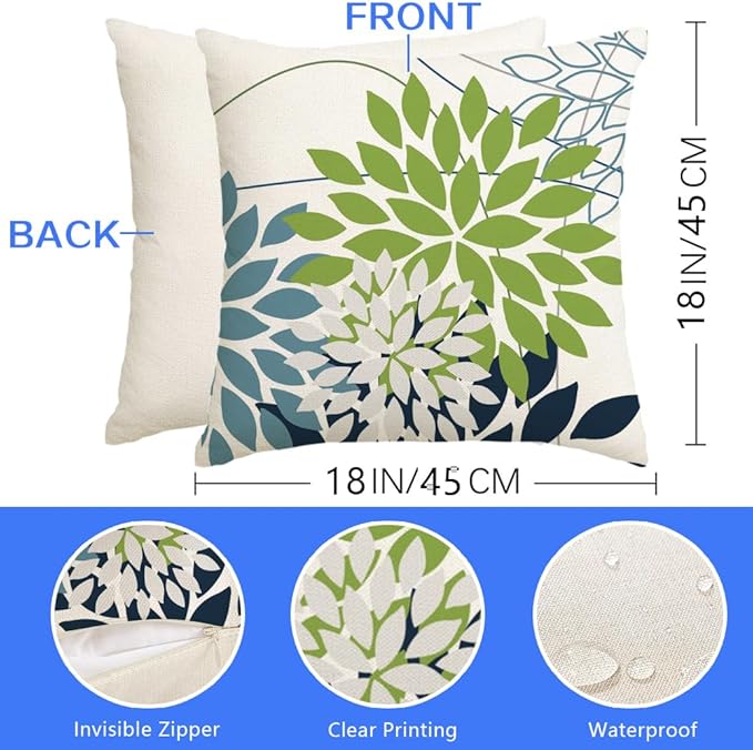 RABUSOFA Outdoor Pillow Covers 18x18 Inch Set of 2 Green Blue Flower Decorative Waterproof Spring Summer Floral Outdoor Cushion Covers for Patio Funiture Garden Couch Decor