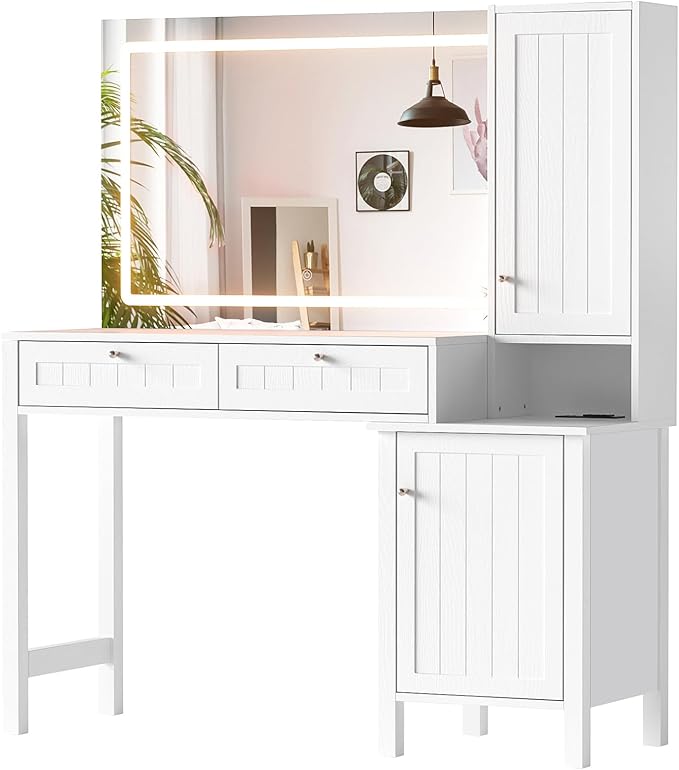 Anmytek Makeup Vanity Desk with Mirror and Lights, Dressing Table with 2 Large Drawer & 2 Storage Cabinet,Vanity Desk with Power Strip, 36" Mirror with 3 Lighting Modes, Suitable for Bedroom, White