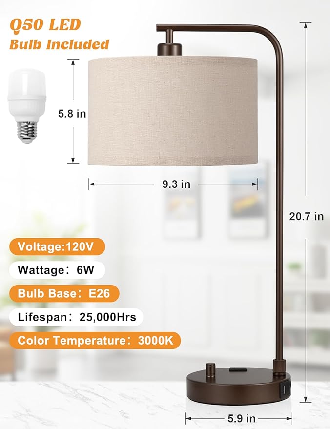 Brown Side Table Lamp with USB Port and Outlet, Dimmable Nightstand Bedside Lamps with Linen Lampshade, Desk Lamp for Bedroom, Living Room, Guest Room, Home Office, LED Bulb Included
