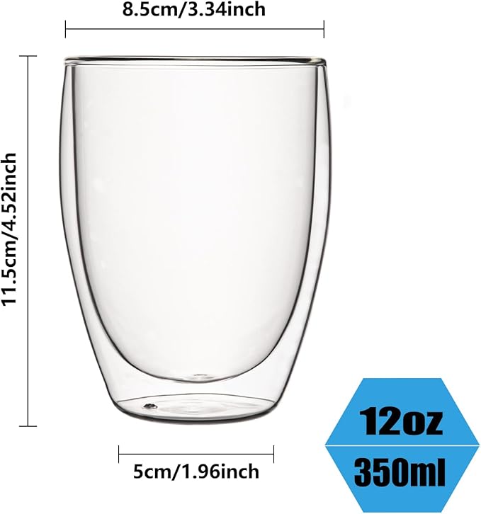 Glass Coffee Mugs Set of 2, Double Walled Clear Coffee Cups 12oz, Clear Latte Espresso Mugs for Milk Juice, Clear Glass Cappuccino Cup Glassware Gift for Christmas Birthday