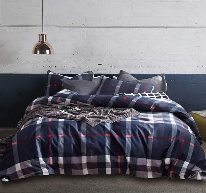 Luxlovery Navy Plaid Comforter Set California King Men Women Dark Blue Checkered Bedding Comforter Set Red Striped Buffalo Soft Breathable Navy Blue Comforter with 2 Pillowcases Cal King Bed