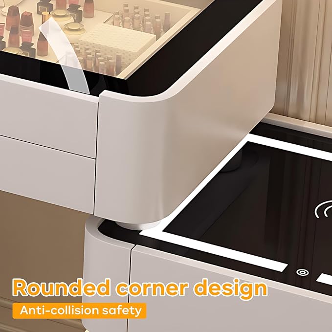 Makeup Vanity Desk, Modern Dressing Table Include LED Smart Round Mirror and Glass Countertop, Luxury Vanity Set with Makeup Chair, Side Cabinet with Drawers Storage and Ambient Light (White,32")