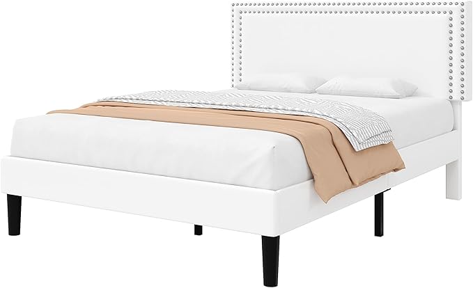 VECELO Full Size Bed Frame with Adjustable Upholstered Headboard, Wooden Slats Platform, Noise-Free Design, Easy Assembly