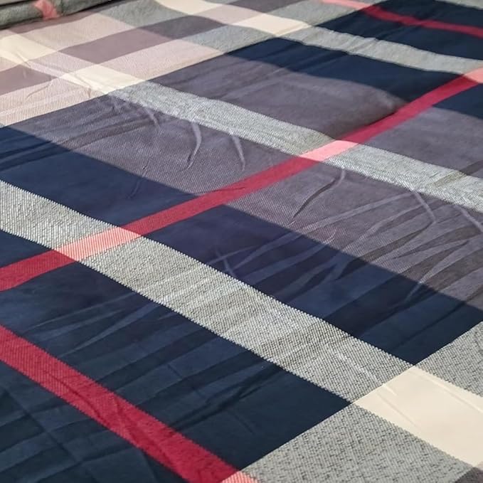 CLOTHKNOW Navy Blue Plaid Full Size Comforter Sets Tartan Bedding Comforter Sets All Season Blue Red Grey Grid Comforter with 2 x Pillow Cases