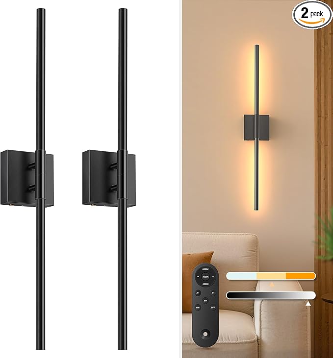 NIORSUN 28 Inch Battery Operated Wall Sconce Set of 2, Black Rechargeable Wall Lights with DIY Independently Rotatable Tube, 3CCT Dimmable Wireless Wall Sconces for Living Room Bedroom Hallway