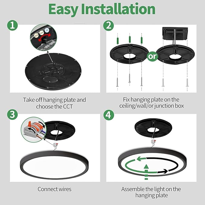 20 Inch Large LED Flush Mount Ceiling Light, 40W,4350LM, 3000K/4000K/6000K CCT Selectable,Black Flat Panel Light Low Profile Ceiling Light Fitures for Hallway, Kitchen, Bedroom, Laundry Room, 2PK