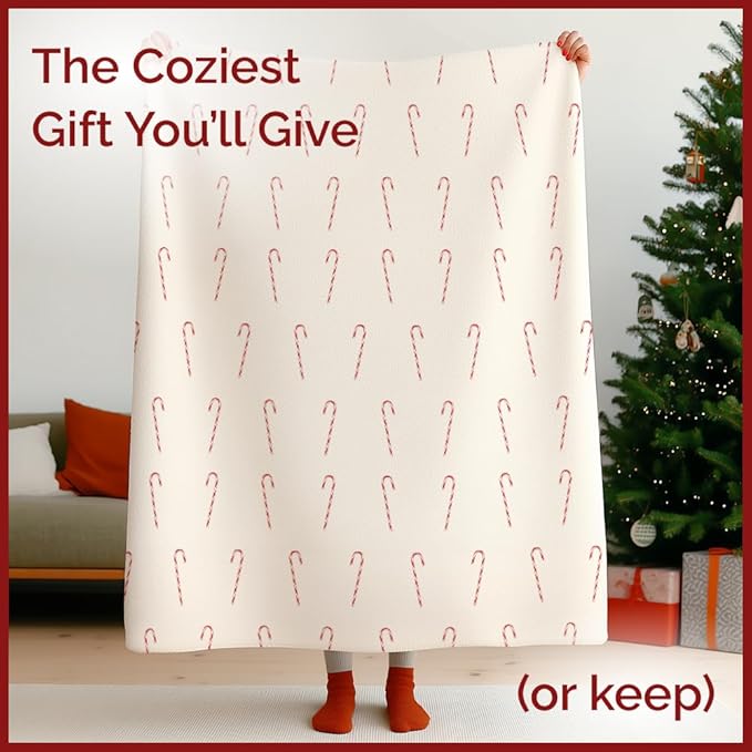 Christmas Sherpa Blanket Throw Size - Reversible Sherpa Fleece Blanket - Super Soft Double Sided Throw for Bed, Sofa, Couch - Thick, Warm, Soft & Plush - Cozy Xmas Winter Bedding - Candy Cane, 50x60