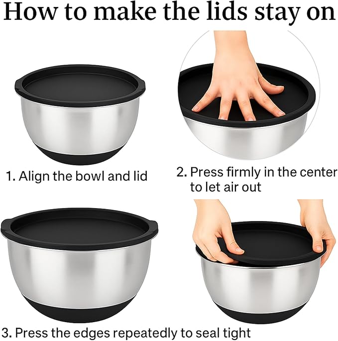 Mixing Bowls With Lids Set, Large Thicker Stainless Steel Stackable Mixing Bowl Set, 0.4/1.5/2/2.5/3.5/4 Qrt, Black