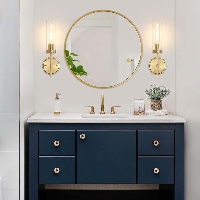 Gold Wall Sconces, Modern Bathroom Vanity Light Fixtures, Sconces Wall Decor Set of 2, Wall Lamps with Clear Glass, Indoor Wall Lights for Bedroom Living Room Hallway